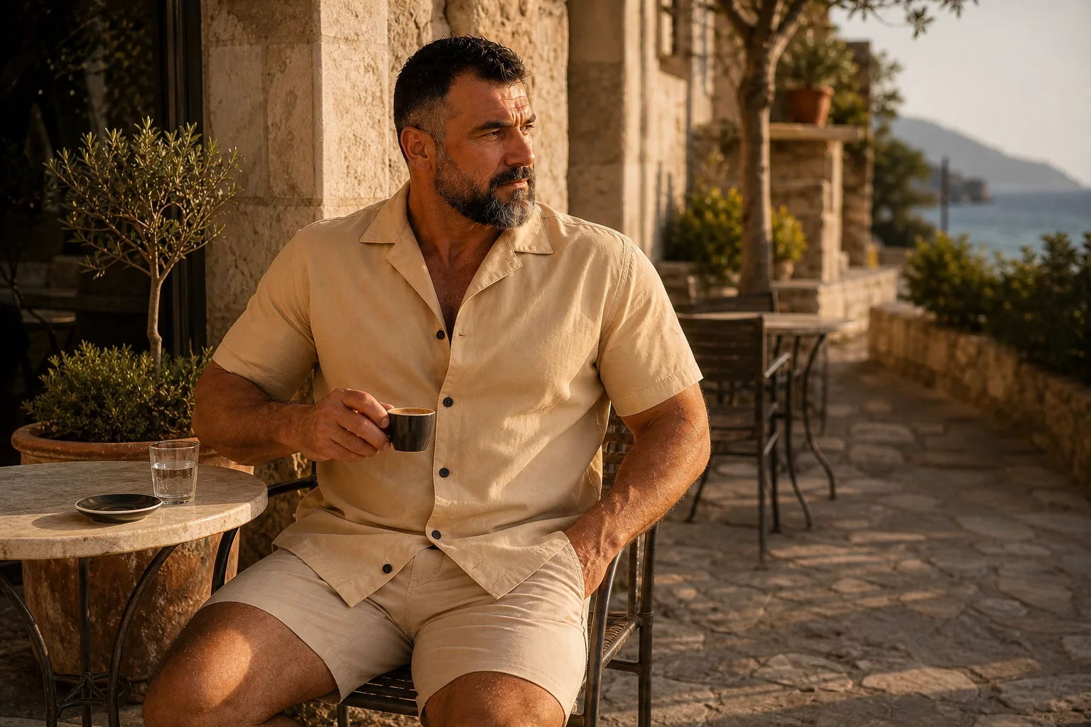 Man wearing a turcobear resort shirt at a Mediterranean café in the morning