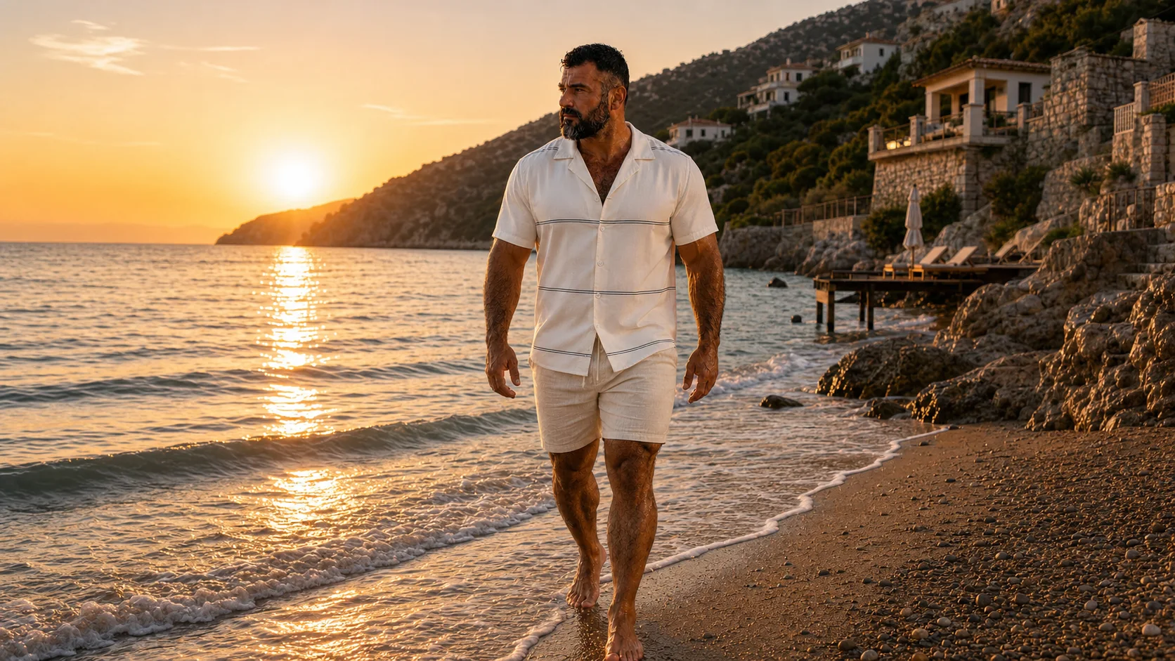 Man wearing a turcobear resort shirt and shorts while walking by the Mediterranean sea